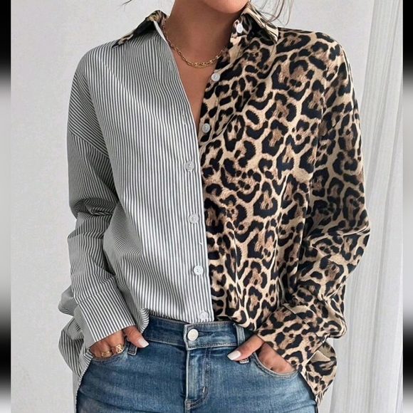 French Elegant Leopard Print Contrast Color-Block Striped Loose Casual Shirt - Picture 1 of 5